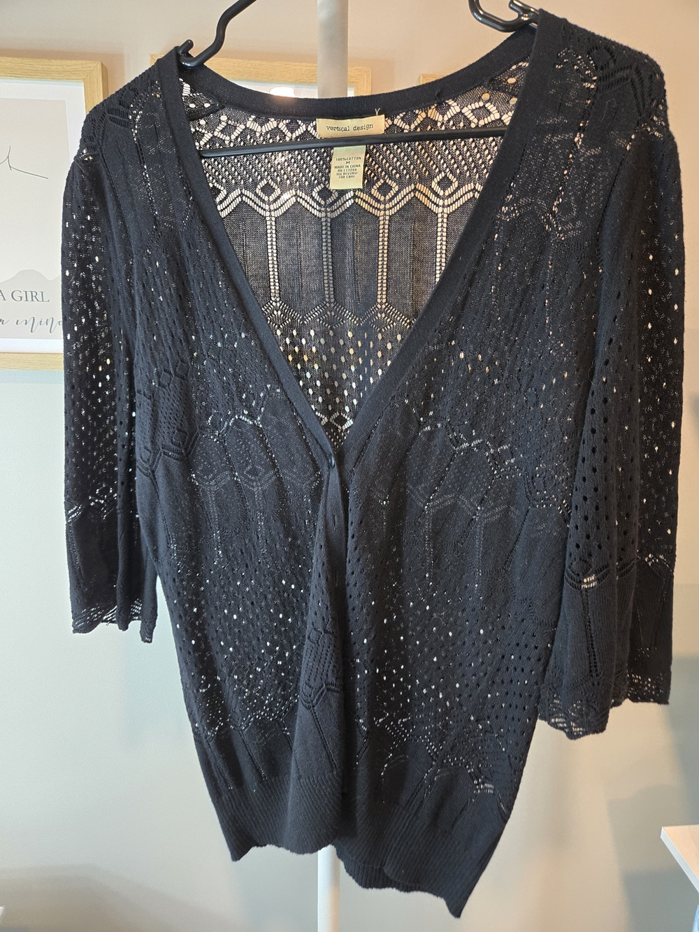 ❤️Vintage❤️ Vertical Design Black Openwork Knit Cardigan 100% Cotton